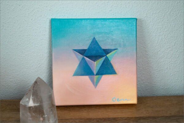 Spirituelle Kunst: Acrylbild auf Leinwand, blaue Merkaba vor blau-rosa Hintergrund